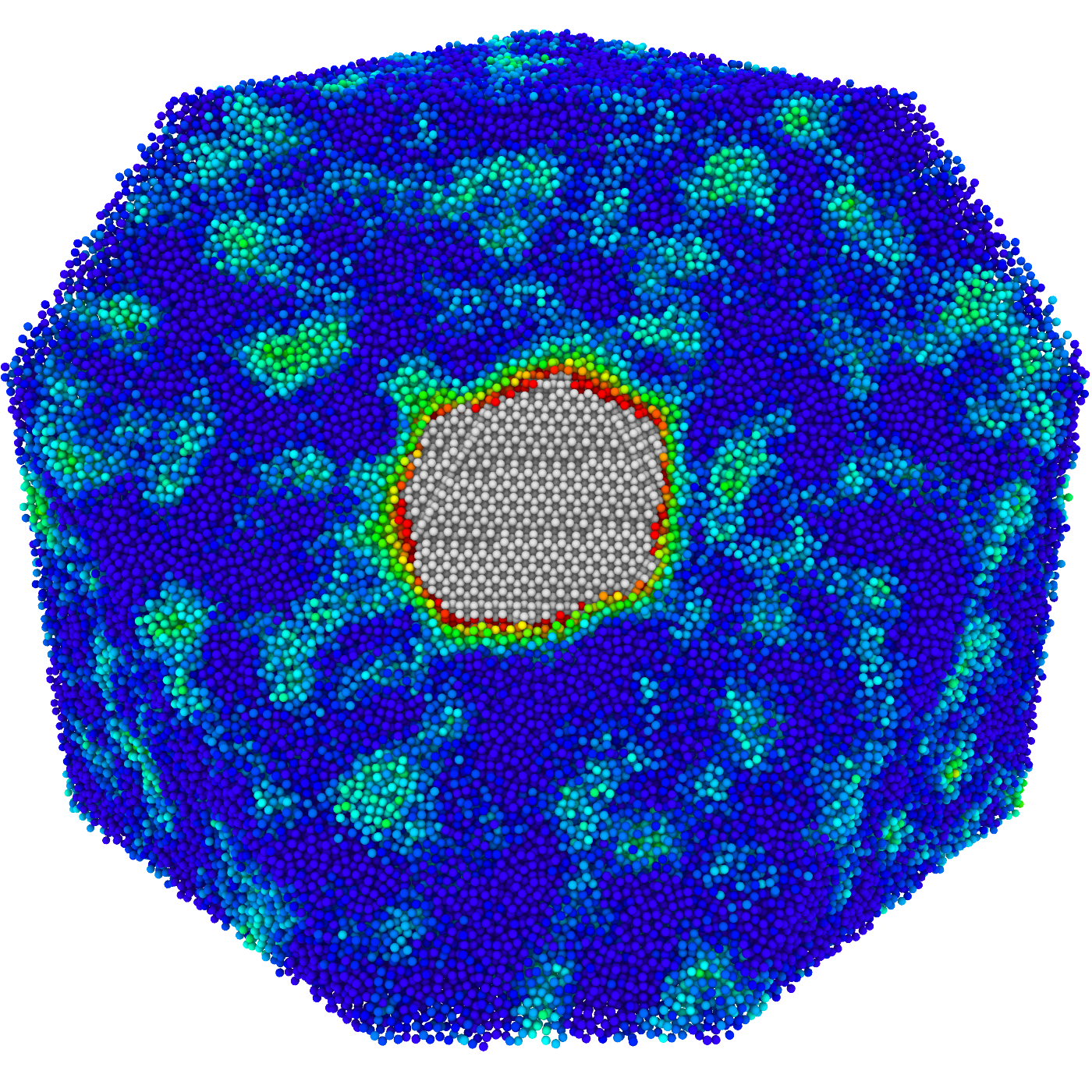 Initial stages of silicon growth. Liquid atoms are colored according to a Machine-Learning defined structural parameter. Atoms in the crystalline phase are colored in gray.